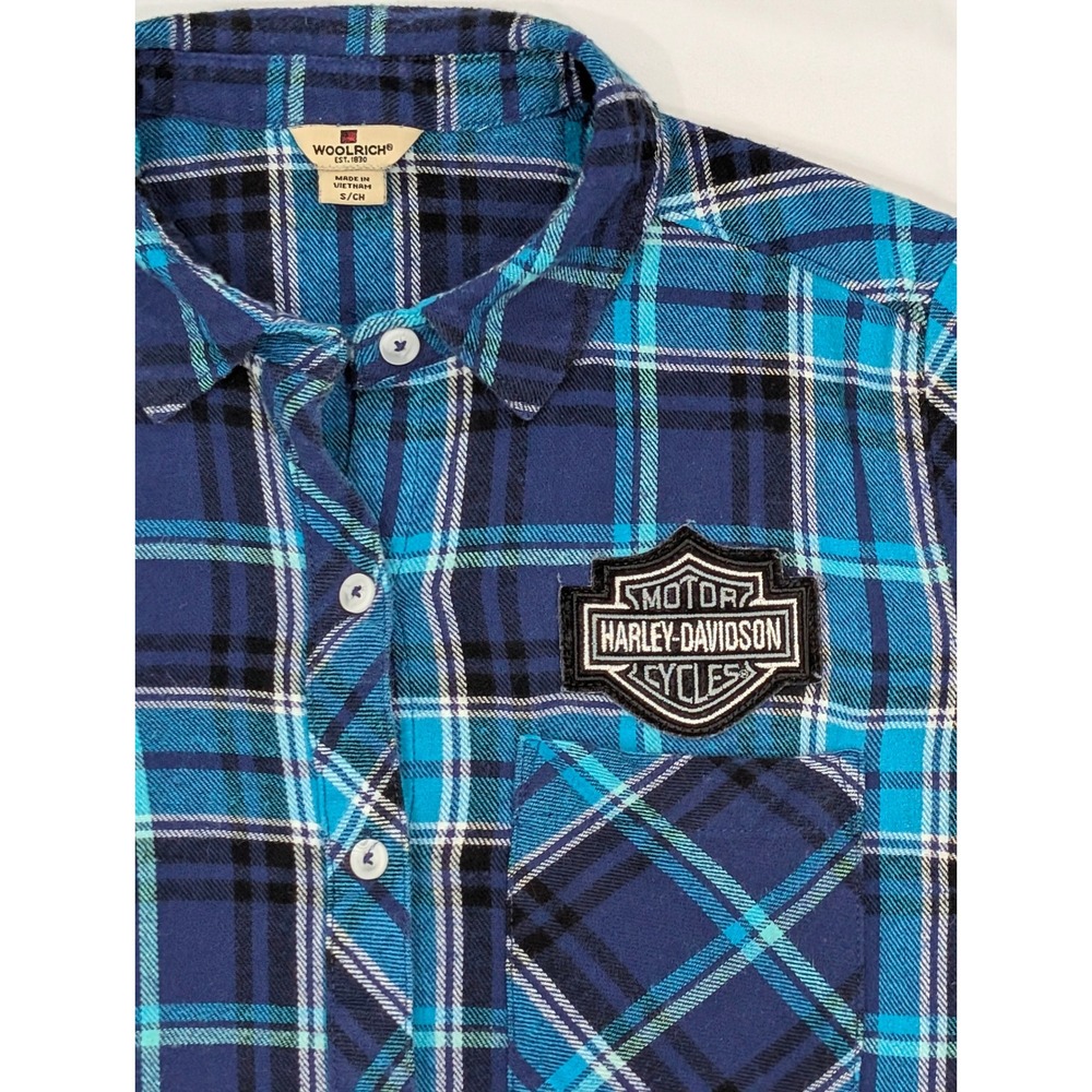 Woolrich Plaid Flannel Shirt Harley Davidson Patch Blue Black‎ White S - Picture 11 of 15